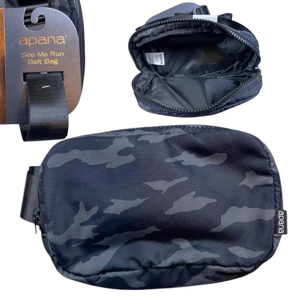 NEW‎ Apana Studio  Belt Bag See Me Run Black Camo Nylon Strap Fanny Pack Zipper